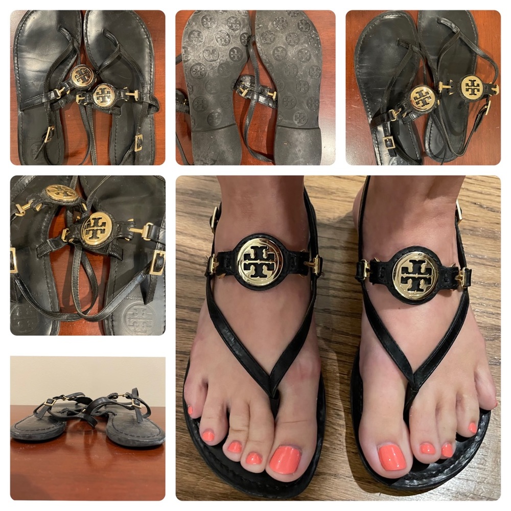 7 Tory Burch Flat Leather Sandals w/Gold Hardware